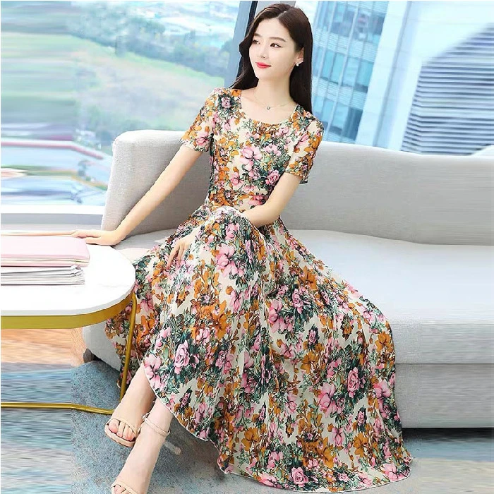 时尚洋气显瘦气质碎花印花夏装连衣裙女2025春夏装，收腰修身中长
