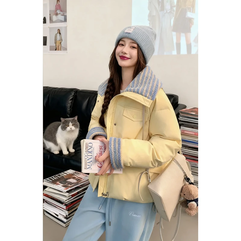 霖优【雪绒奶芙】韩版拼色翻领拉链棉服女冬季宽松加厚保暖棉袄外套