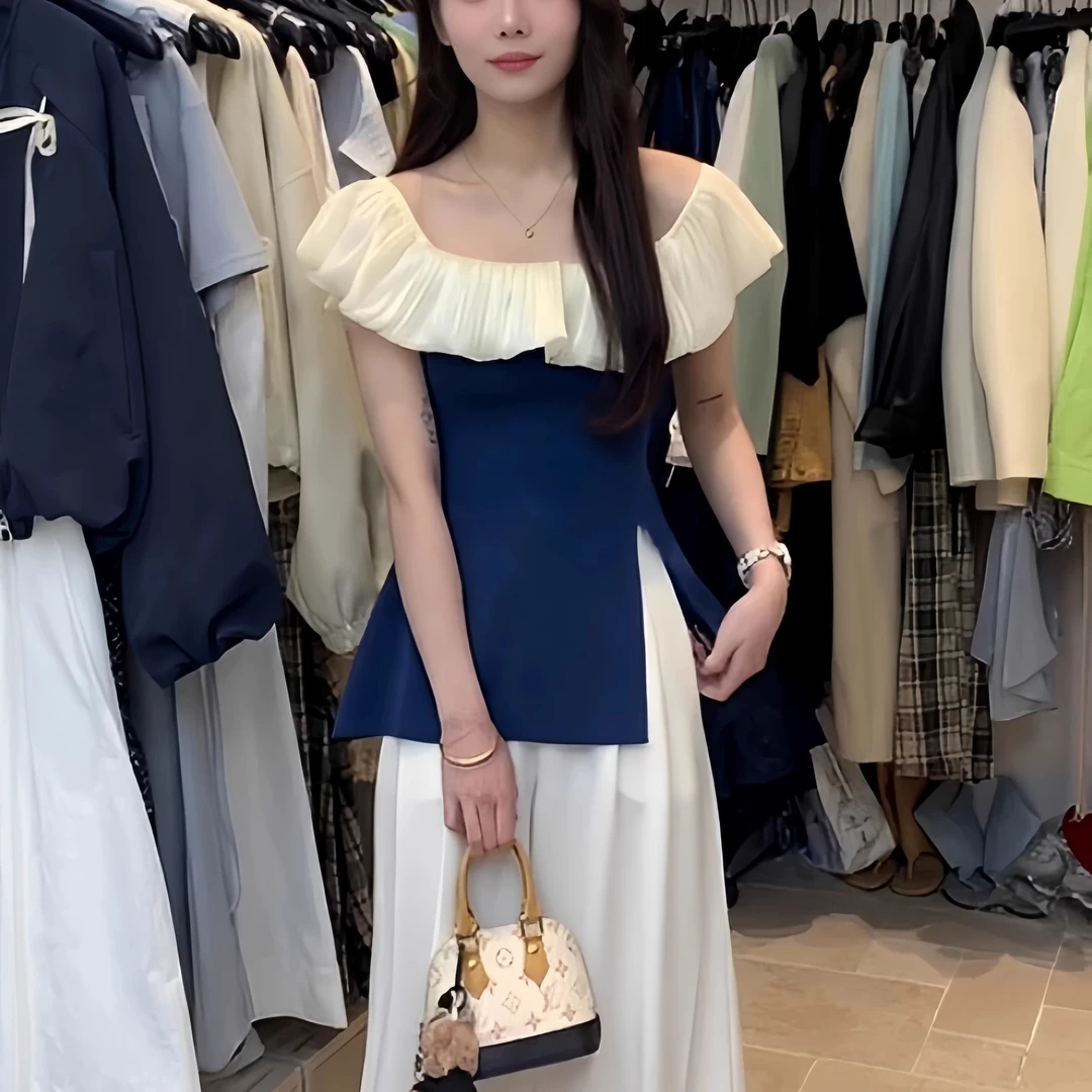 一字肩上衣女夏2025新款荷叶边拼接冰丝针织背心露肩开叉衬衫法式