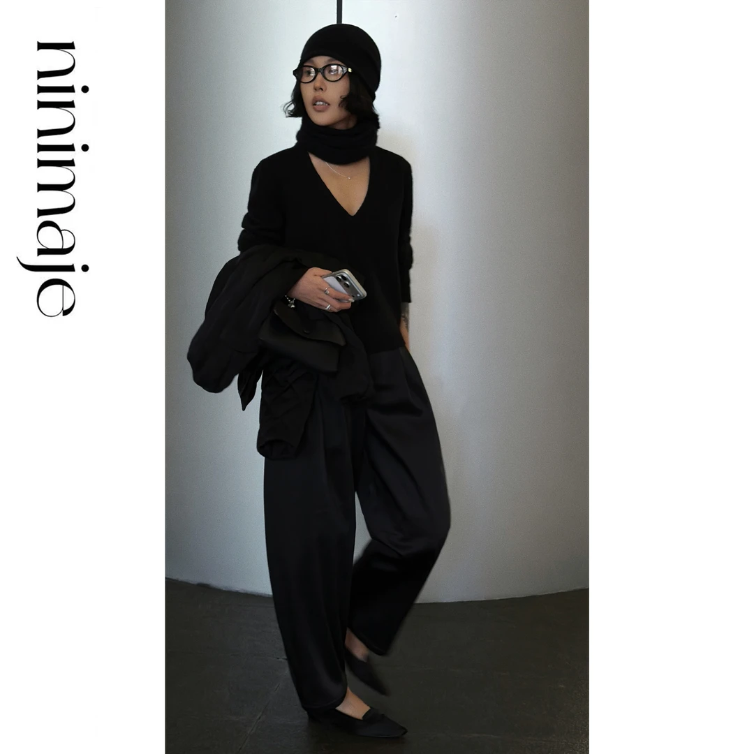 NanBeiBei 极简缎面立体剪裁捏褶棉缎时装裤 7901