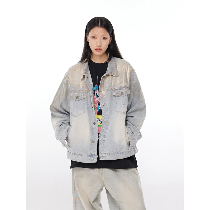 Lookun牛仔夹克涂层渐变百搭外套情侣街头复古休闲舒适春秋蓝色