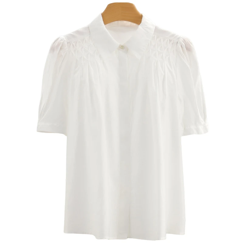 F1411-【依】简约纯色宽松翻领短袖百搭衬衫#WYX56S001