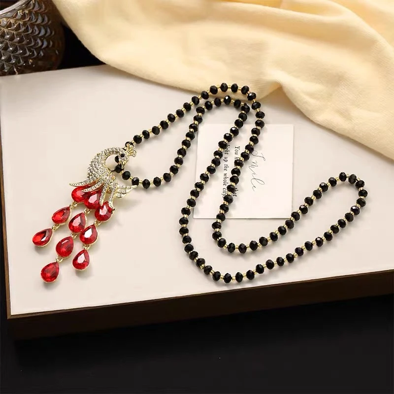 铜合金21深红小孔雀手工气质毛衣链秋冬百搭项链