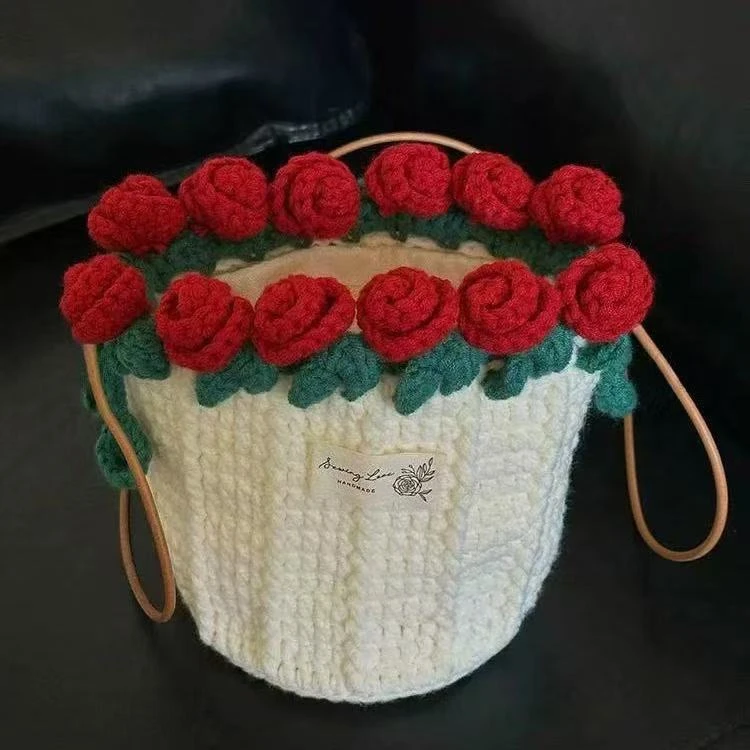 玫瑰花水桶包手工diy材料包编织玫瑰花束口包创意520礼物送女生