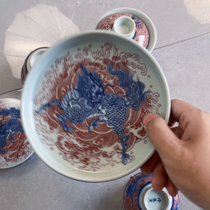 瓷片麒麟踏浪五件套