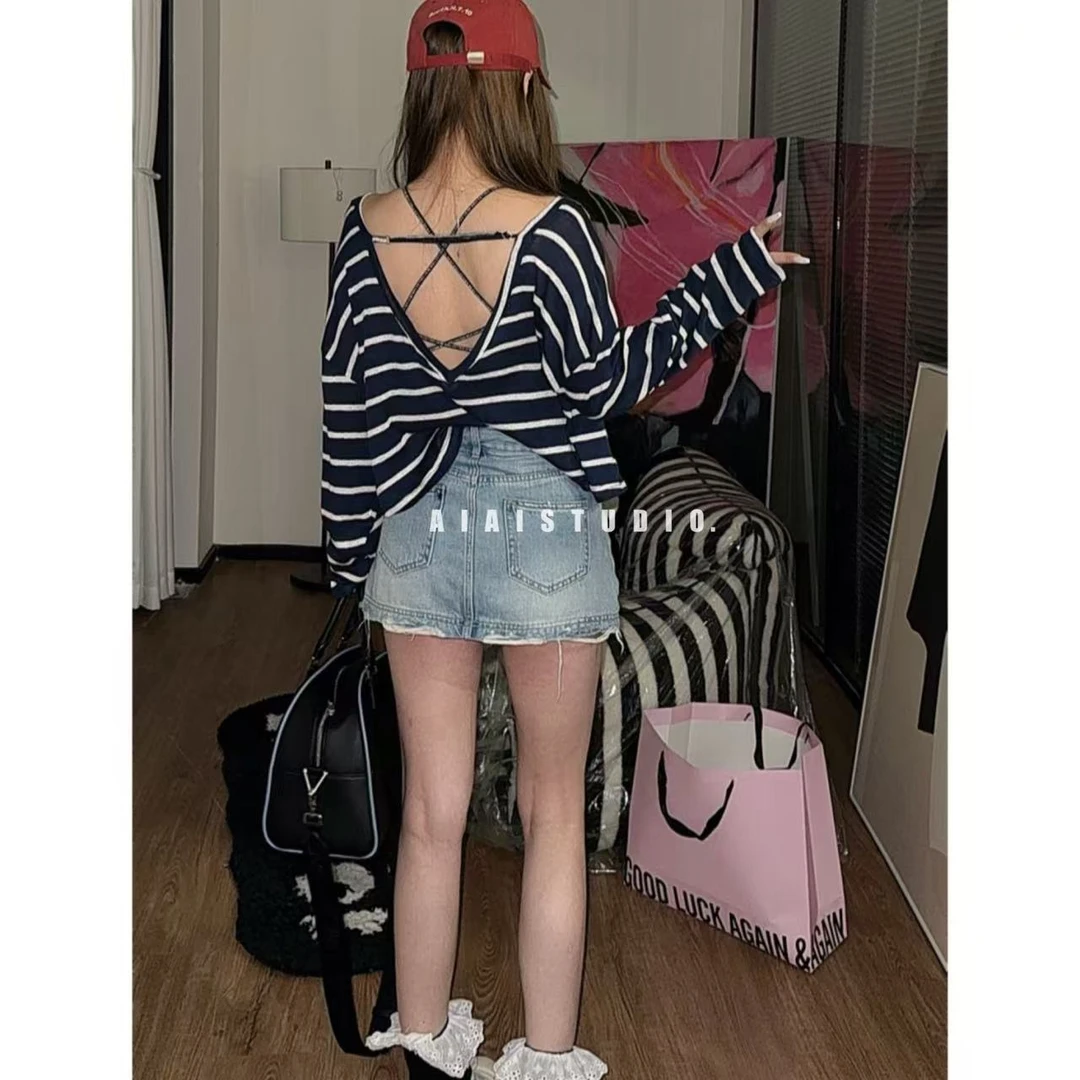 AIAI【最爱条纹】韩代定制露背条纹宽松防晒衫可调节带薄T女夏