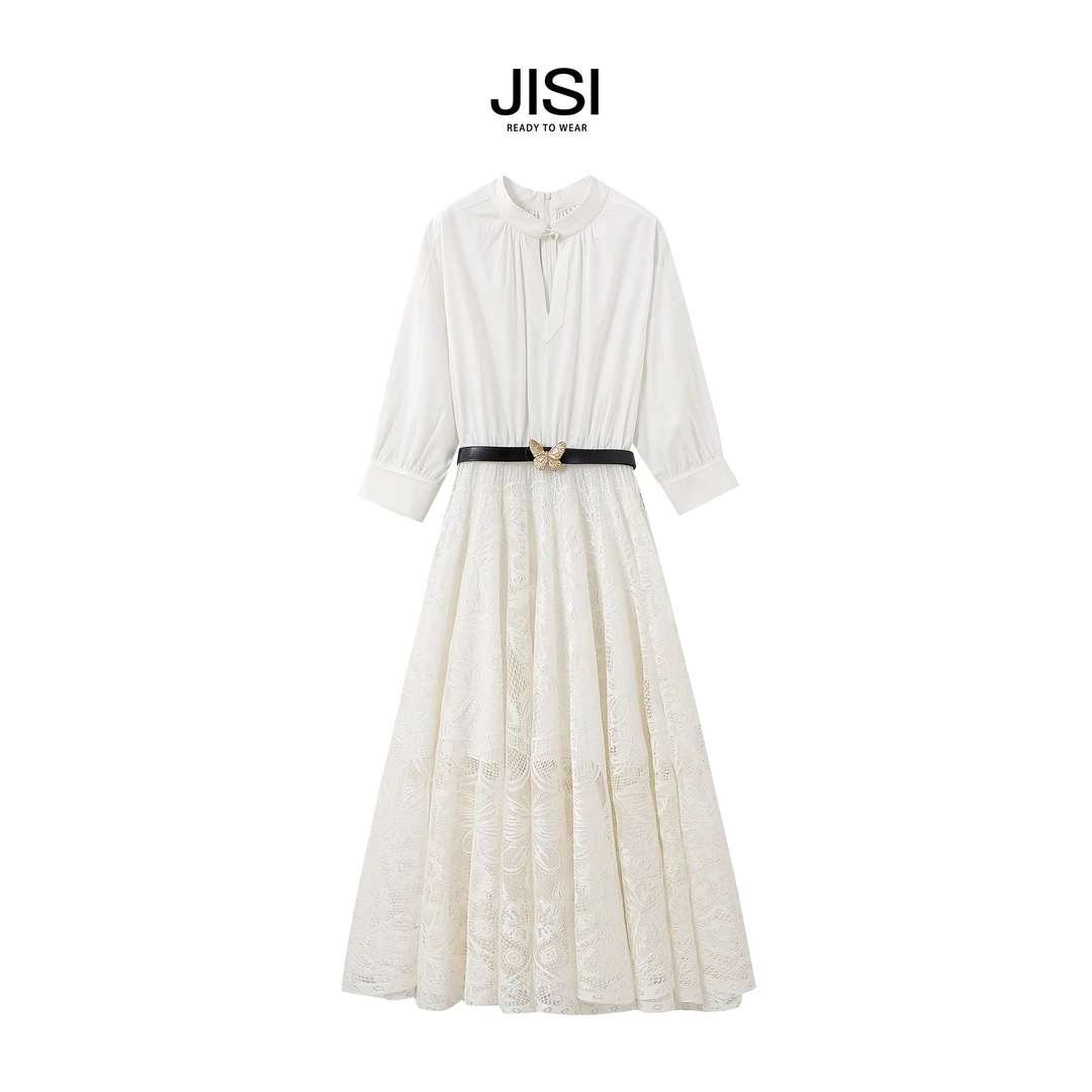 JISI 衬衫拼接蕾丝长款连衣裙-L23008