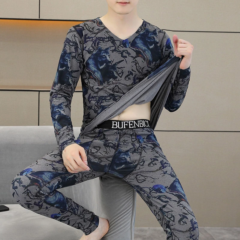 AEROMRGEN3D数码印花双面德绒打底衫男士秋衣秋裤V领保暖内衣套装