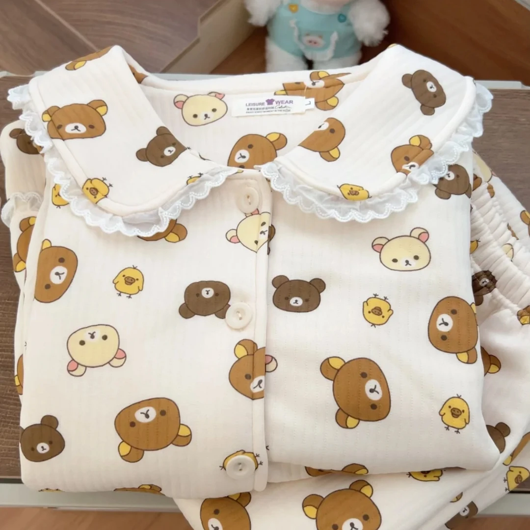 古早轻松熊卡通空气棉睡衣女秋冬季加厚保暖娃娃领长袖家居服套装