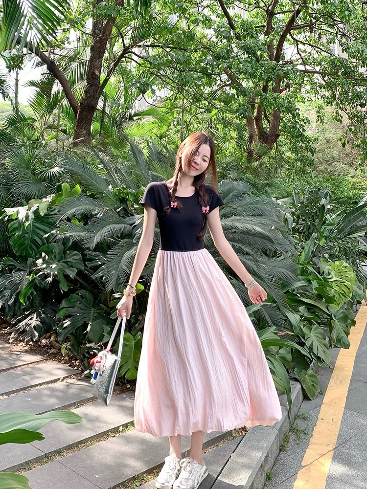 显瘦显高花苞拼接小个子连衣裙甜美时尚夏季新款气质高腰长裙女装