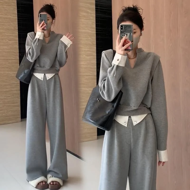 2025早秋新款时尚气质套装女轻熟假两件设计感上衣阔腿直筒裤套装