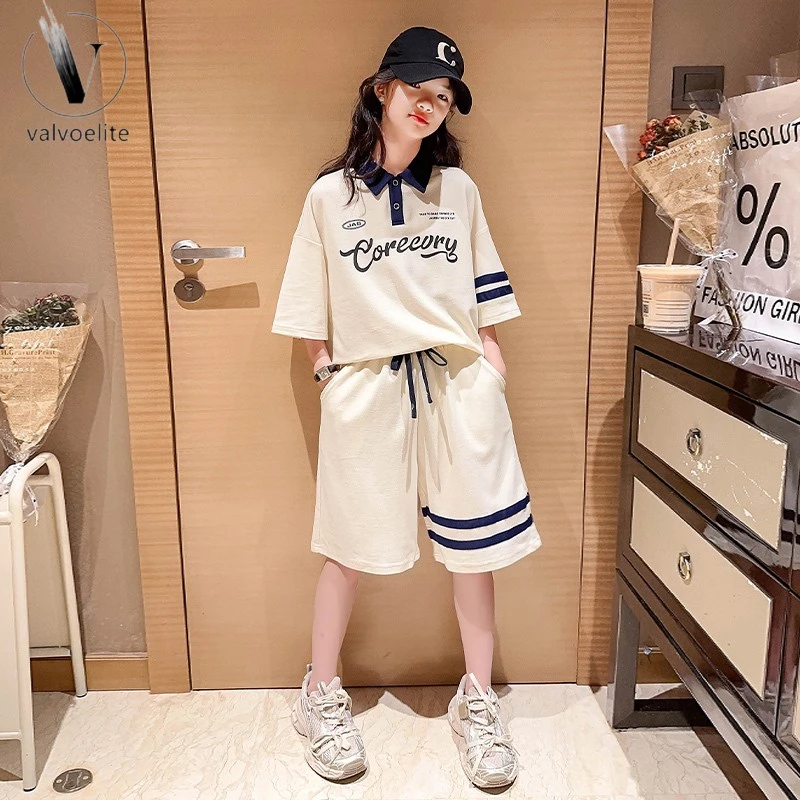 VALVOELITE女童夏装衫短袖短裤套装网红新款韩版女孩宽松洋气两件