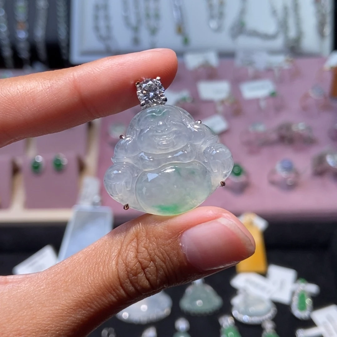 翡翠18K金镶嵌颈饰纯天然缅甸翡翠A货佛公