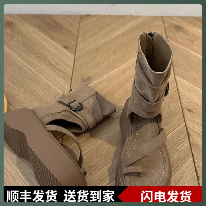 夏季法式管厚底罗马靴新款凉靴女裤松糕镂空夹脚凉鞋2025短靴套趾