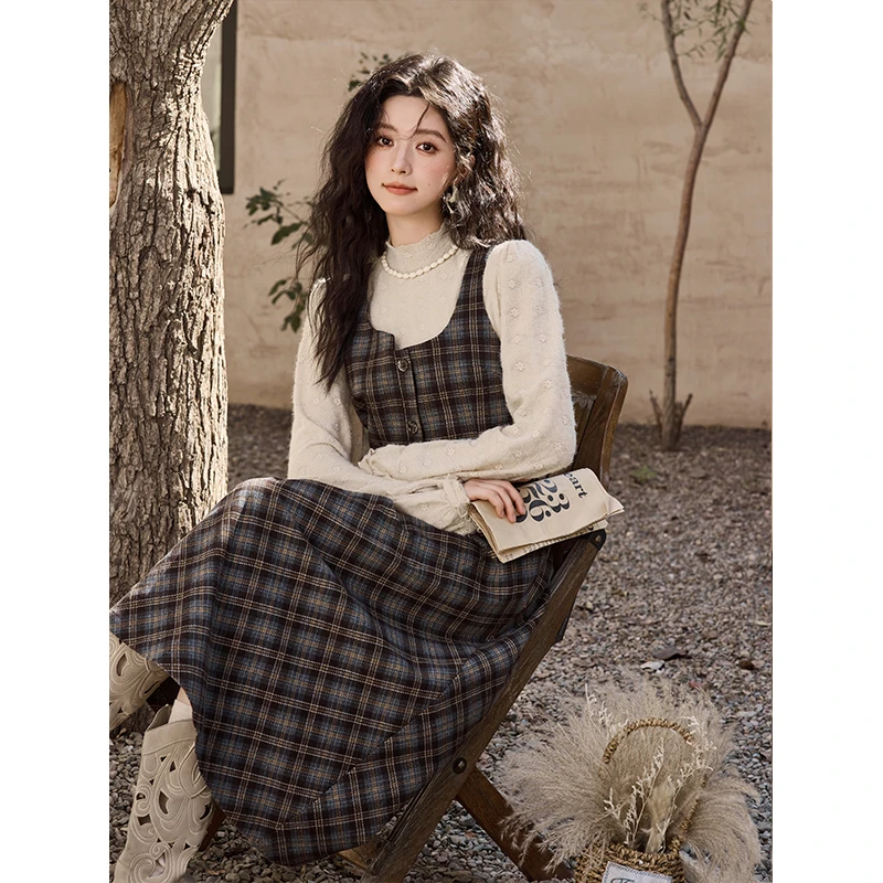 【年中大促】谜秀复古格纹马甲背心叠穿打底半身裙（马甲+半裙）