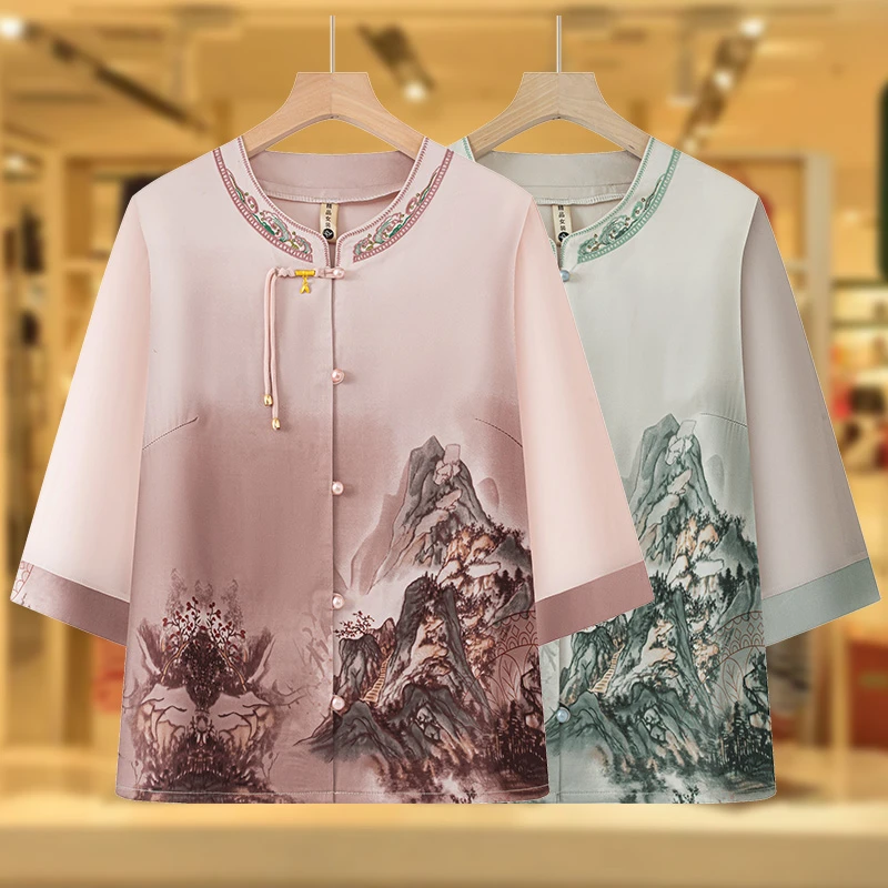 奶奶夏装国风衬衫中老年人上衣女气质妈妈短袖衬衣轻薄衣服小个子