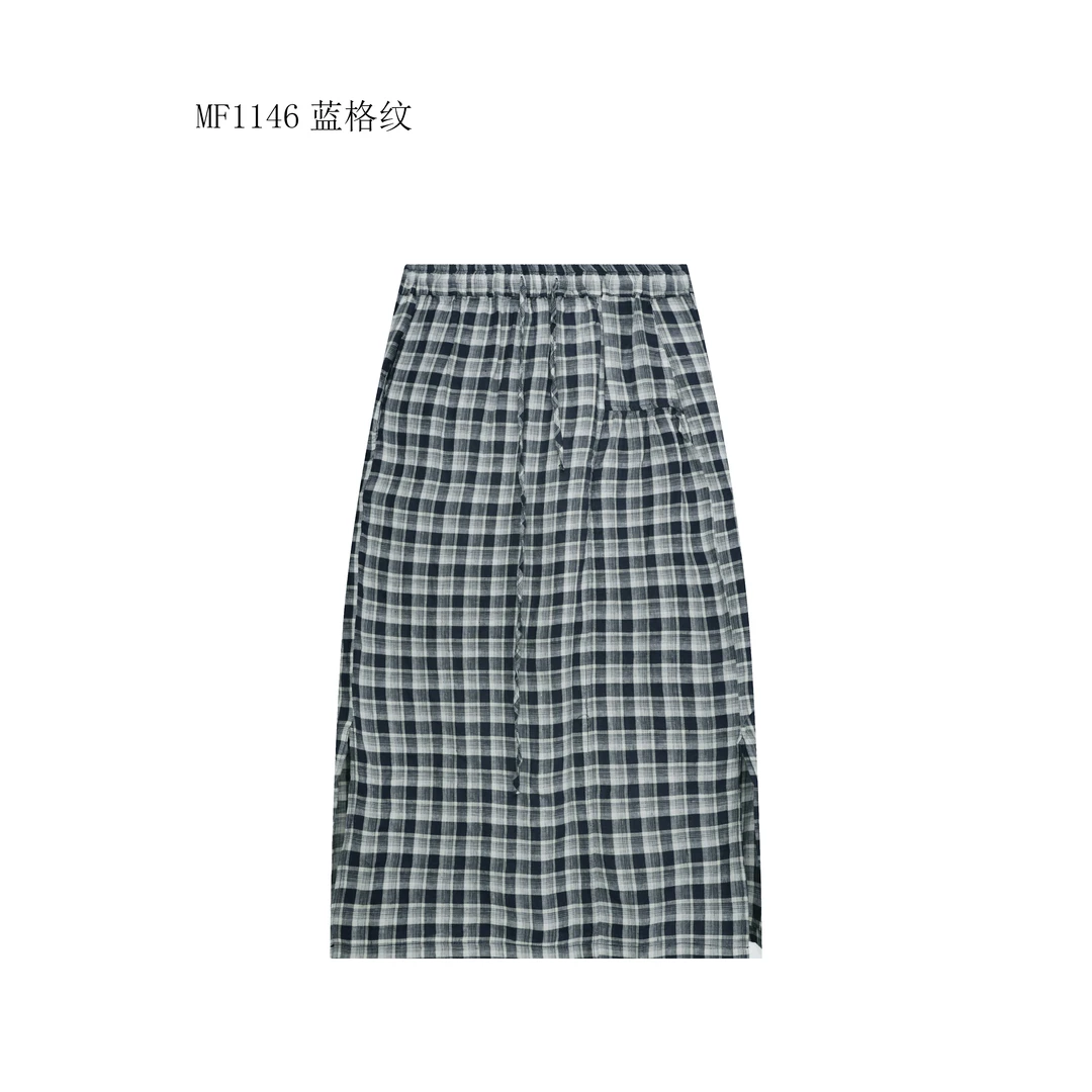 【麻訪家】MF1146蓝格纹文艺时尚高级气质显瘦百搭半身裙
