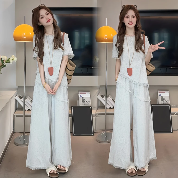 大码mm休闲显瘦套装女2025年夏季新款小个子流苏上衣阔腿裤两件套