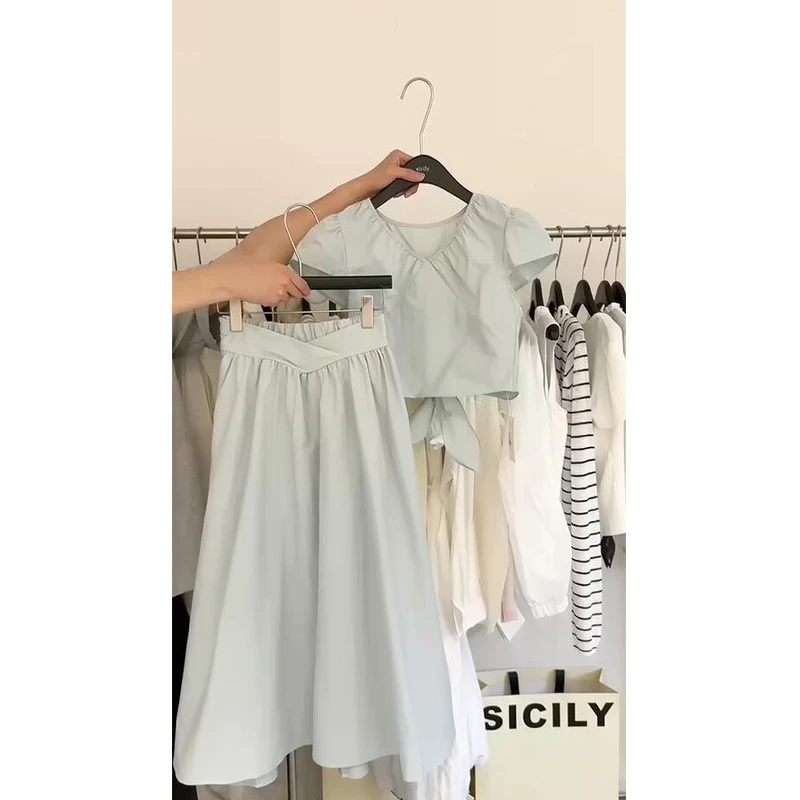 2025夏季新款百搭蓝色小飞袖短款衬衫高腰显瘦半身裙时尚两件套女