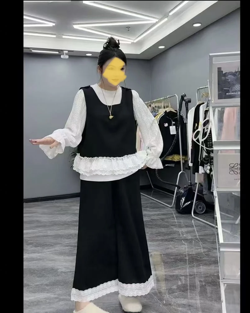 6621#大码春季新款韩版拼接蕾丝三件套