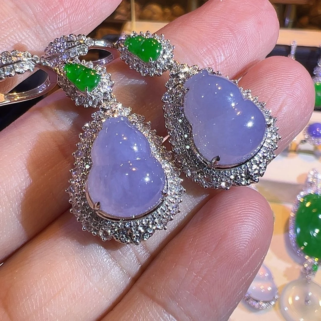 翡翠耳饰18K金镶嵌冰种紫罗兰大葫芦