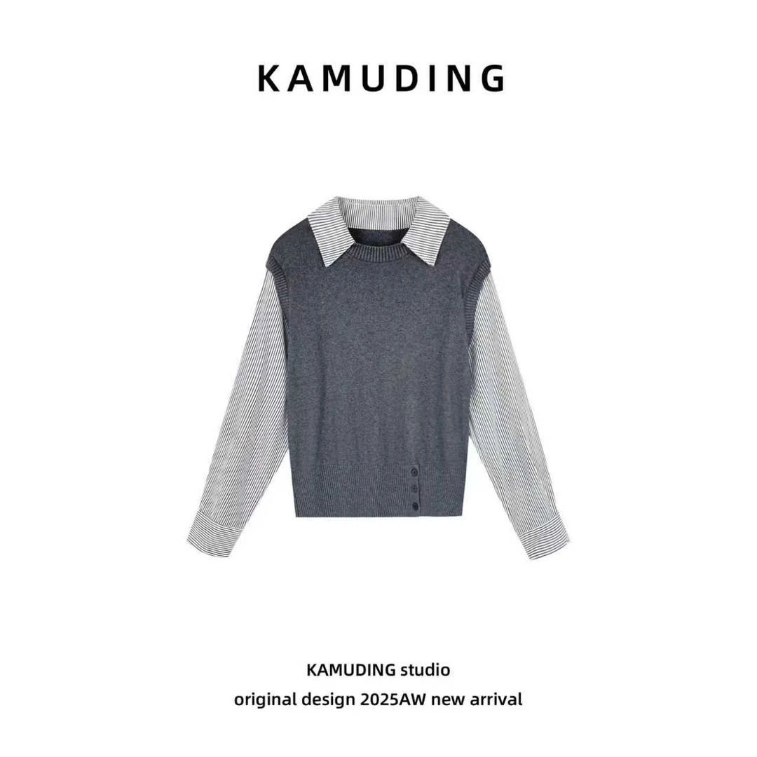 KAMUDING2025新款Y39长袖条纹设计师灰色毛针织衫25251