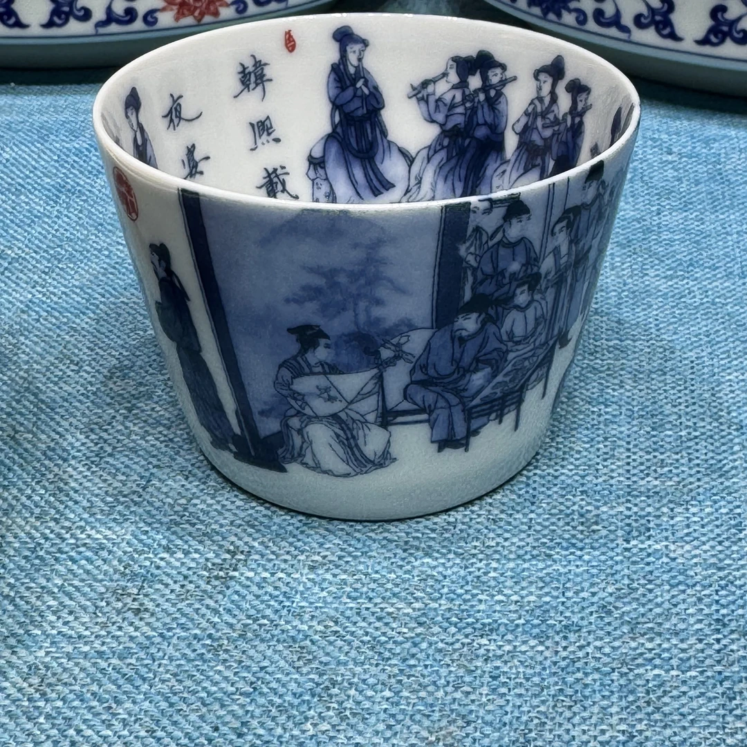 景德镇陶瓷青花瓷夜宴图马蹄杯主人杯客杯陶瓷茶杯
