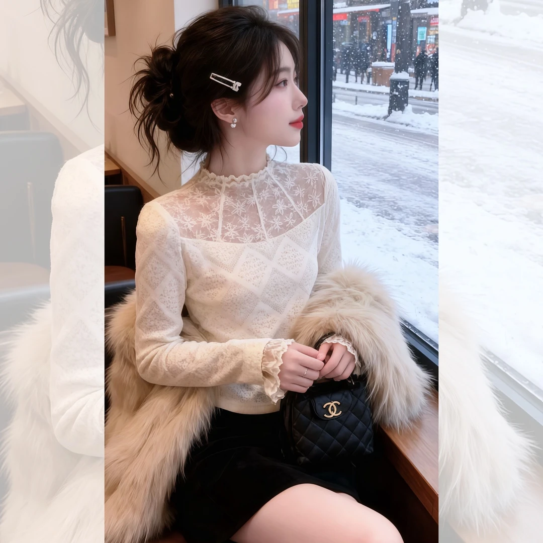 法式蕾丝拼接半高领打底衫2025新款今年流行爆款长袖修身内搭上衣