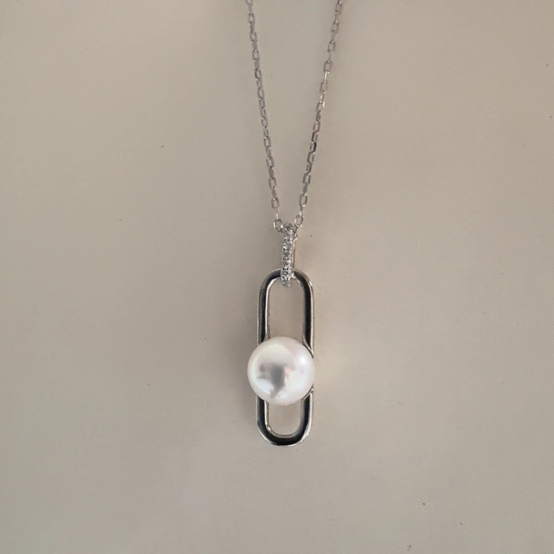淡水珍珠颈饰银S925镶嵌7-8mm 回形针吊坠