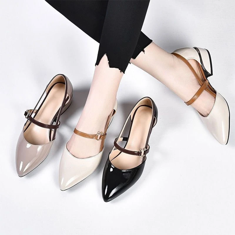 时尚女凉鞋包头尖头不露脚凉鞋中跟时尚气质百搭夏季单鞋皮鞋粗跟