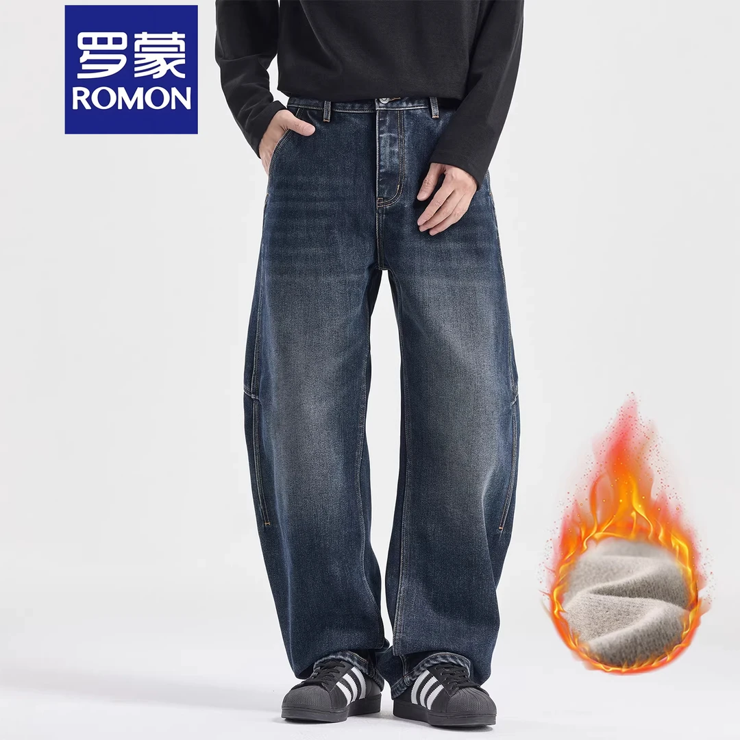 罗蒙冬季加绒美式复古弯刀牛仔裤男宽松直筒潮流拼接休闲阔腿长裤