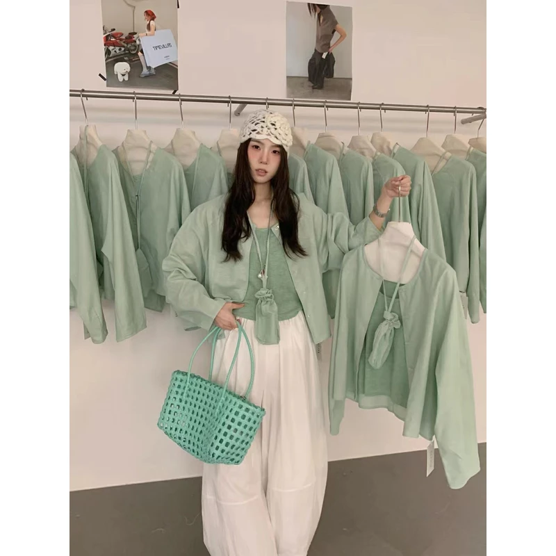 （6-8运贴）三件套简约修身针织背心插肩薄款长袖防晒短外套带包