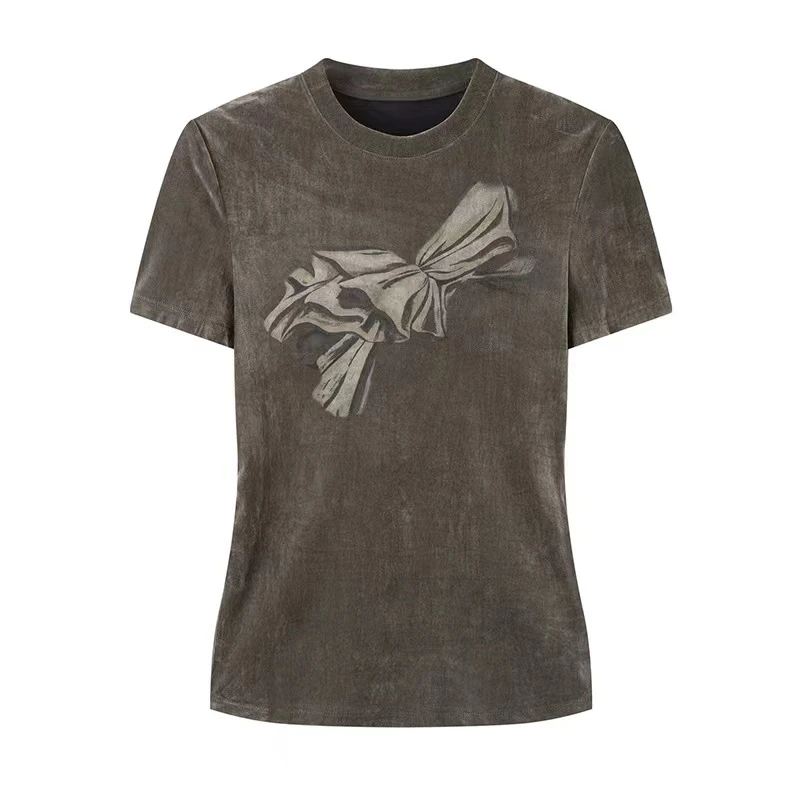 艾诺丝同款短袖宽松型休闲风烫钻蝴蝶结T恤宽松经典百搭夏季3015