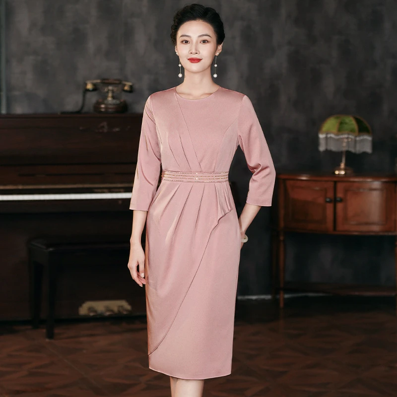 2024秋款中老年喜妈妈婚宴礼服裙中长款高端阔太太洋气显瘦连衣裙