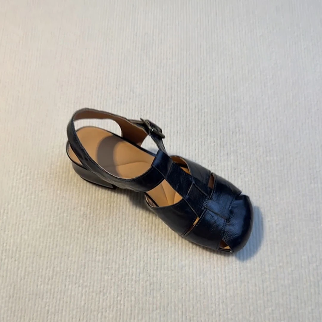 TCZE版~编织罗马鞋女复古百搭镂空中跟凉鞋女圆头黑色休闲猪笼鞋