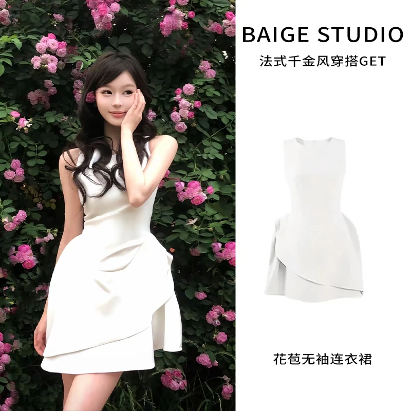 花苞裙无袖白色连衣裙女气质收腰设计感花苞裙赴约千金风显瘦