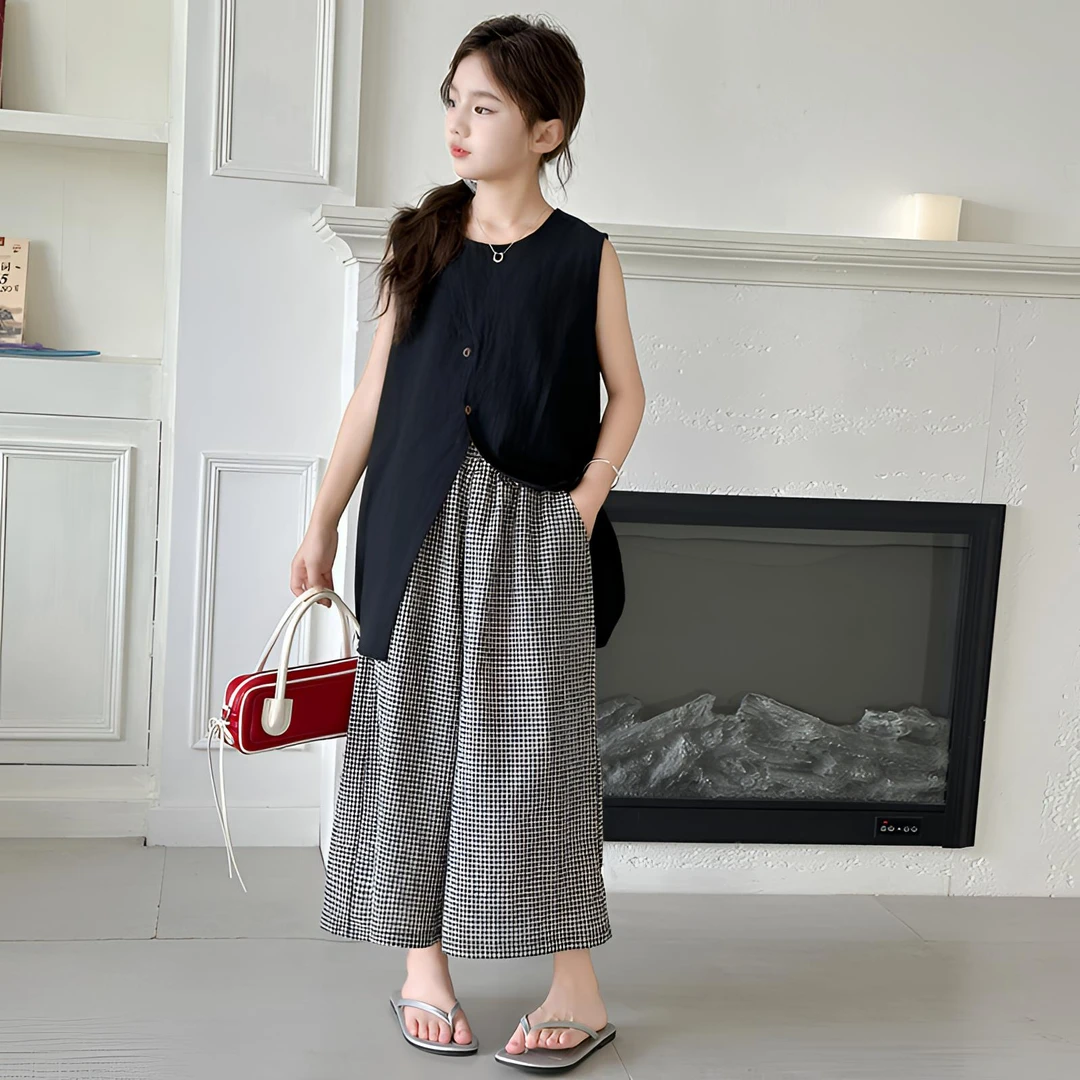 女童韩系爆款套装2025新款无袖简约时尚格子阔腿裤女孩夏装两件套