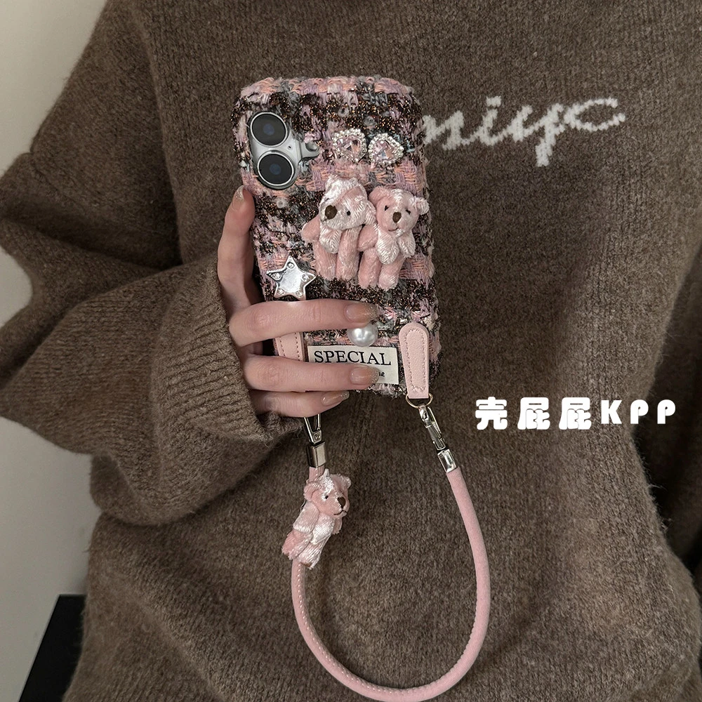 甜美小香风可爱熊适用16IPhone苹果16ProMax手机壳15卡通14挂绳13