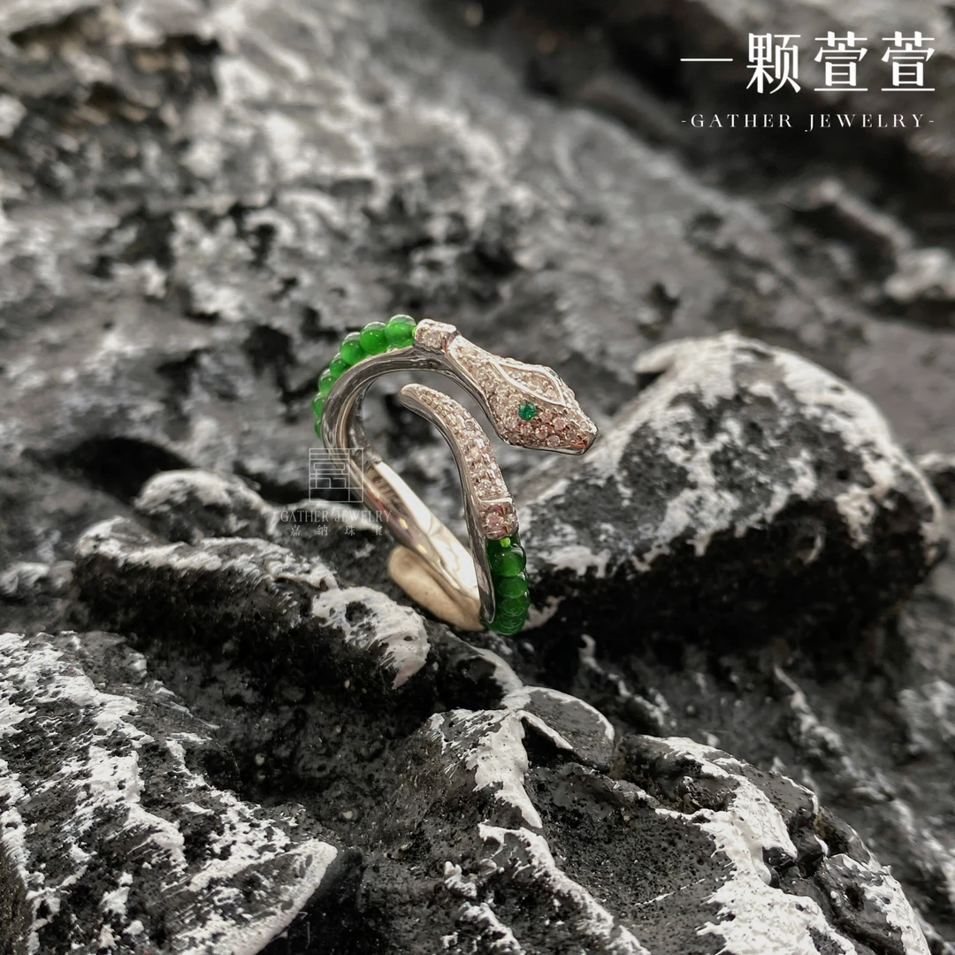 蛇影【一颗萱萱】翡翠小米珠蛇蛇银镶戒指430023