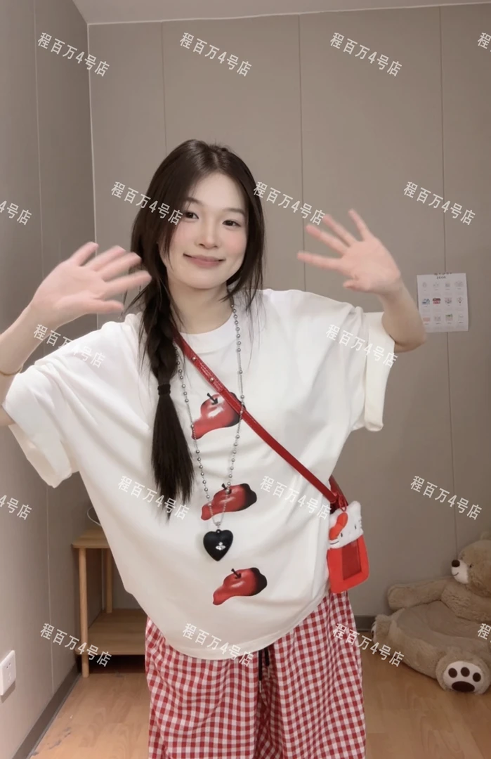 韩系简约苹果印花短袖女款2025新款夏大码休闲宽松上衣女#T018683