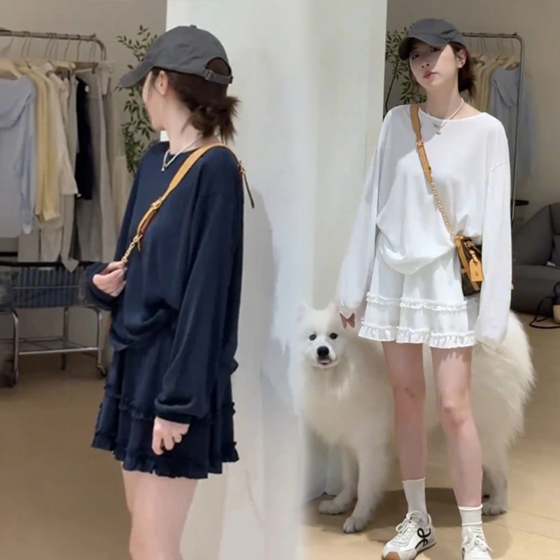 夏日穿搭一整套2025新款慵懒风时尚休闲防晒长袖T恤蛋糕裙两件套