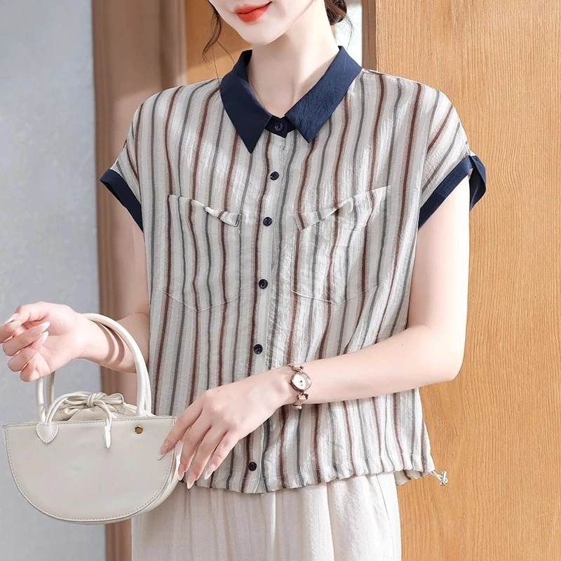 妈妈夏装洋气短袖上衣2025新款中老年女夏季宽松洋气条纹T恤