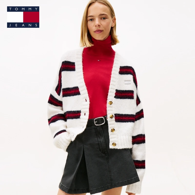 【张元英同款】Tommy25秋冬新款女条纹V领慵懒风针织开衫外套21678