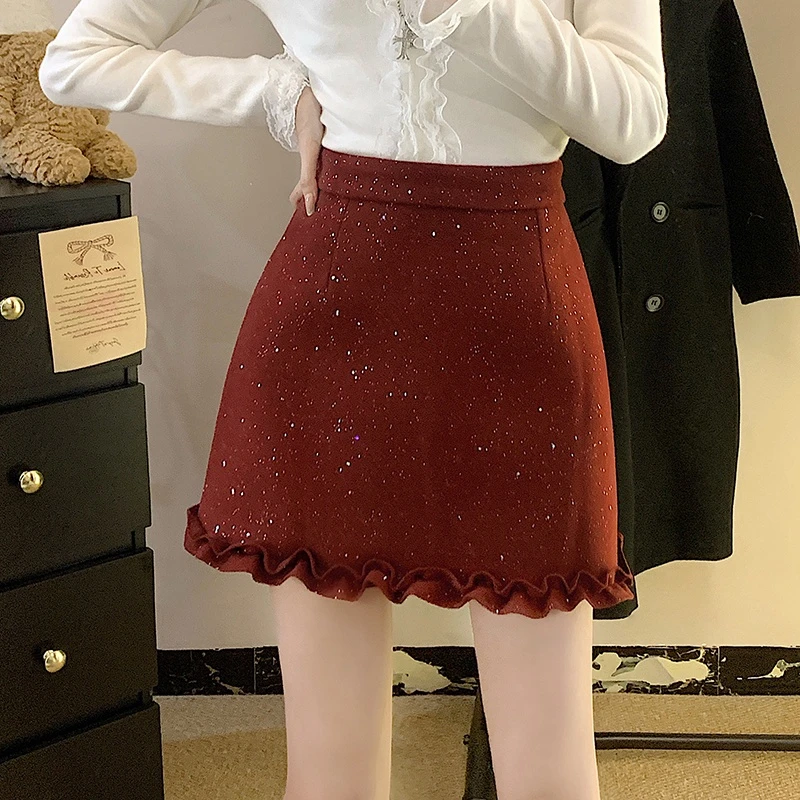 冬季新款百搭亮片小香风高腰显瘦防走光短裙亮闪闪木耳边半身裙子