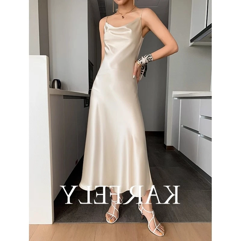 /醋酸缎面连衣裙荡领三醋酸吊带裙性感温柔水蜜桃长裙风情