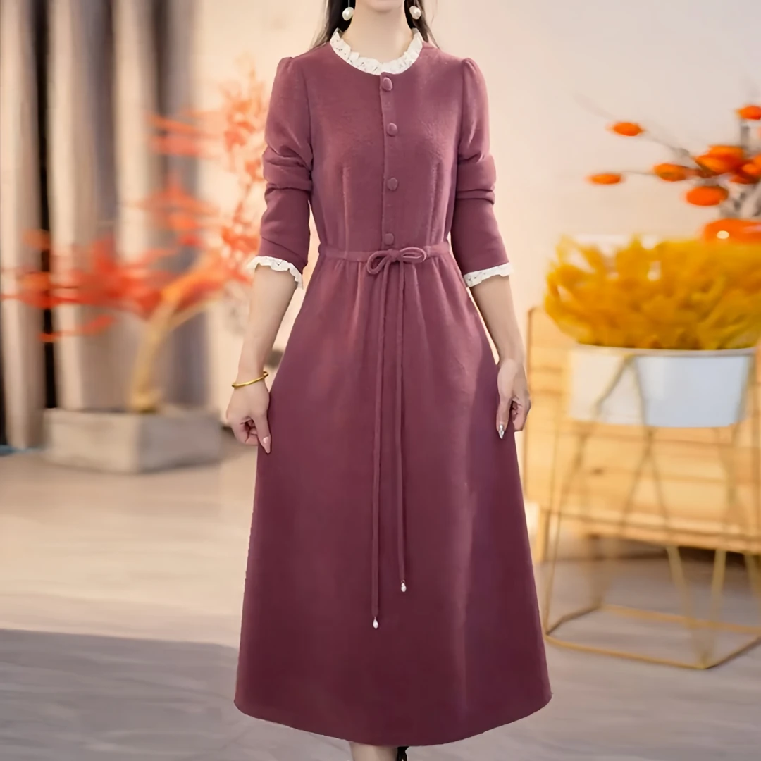 B131时尚长袖连衣裙女春季新款洋气高档妈妈显瘦配大衣中长款裙子