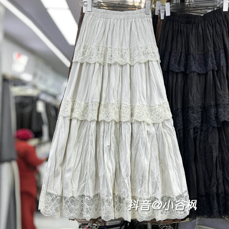 杏色蕾丝边拼接麂皮绒半身裙女秋季2025新款高腰显瘦蛋糕裙长裙