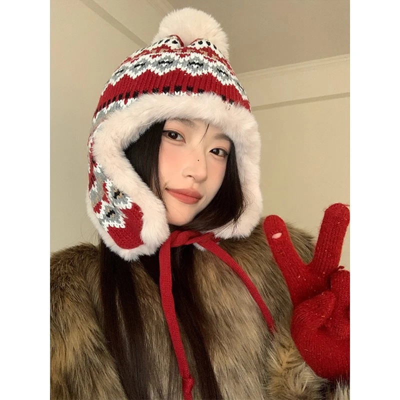 红色复古加厚毛绒雷锋帽子女秋冬护耳显脸小毛线帽骑行防寒包头帽