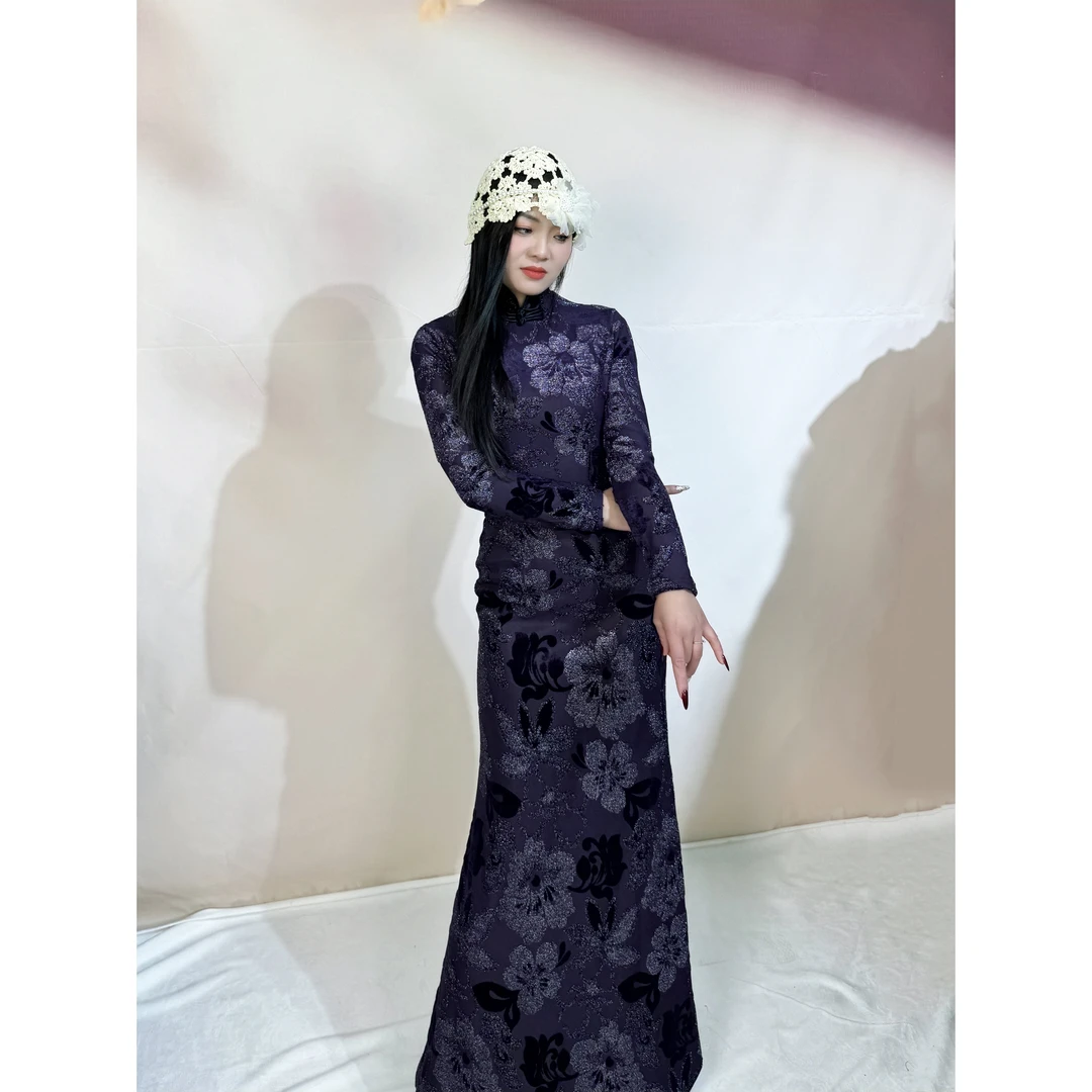 030缘织裳旗袍原创自制丝绒压花面料金线绣春季新款鱼尾裙