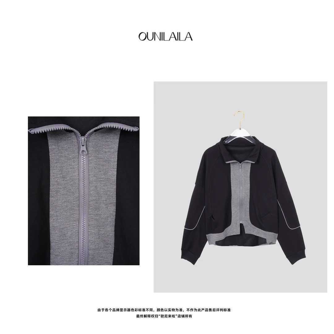 欧尼家【尼罗河】早秋新款拼接长袖外套韩版假两件拉链上衣WT6687N